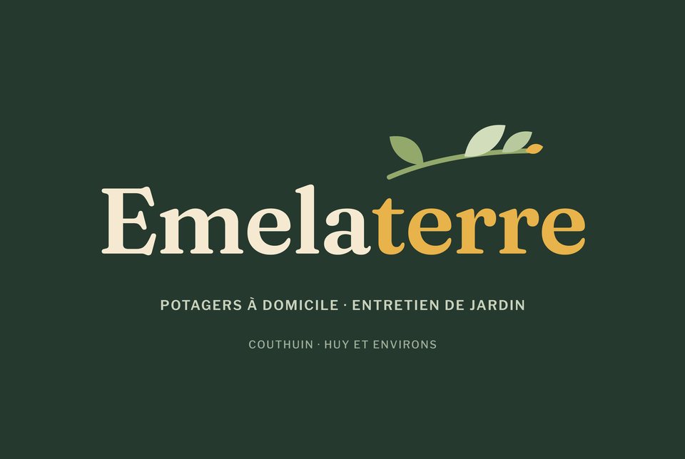 Carte de visite Emelaterre, recto : logotype Emelaterre, « Potagers à domicile · Entretien de jardin », « Couthuin · Huy et environs »
