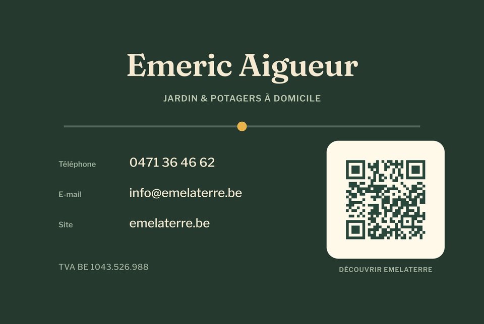 Carte de visite Emelaterre, verso : Emeric Aigueur, jardin et potagers à domicile, téléphone, e-mail, site et QR code vers emelaterre.be