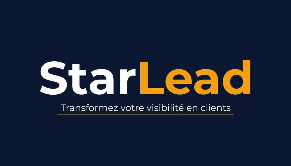 Carte de visite StarLead, recto : logo StarLead blanc et ambre et promesse « Transformez votre visibilité en clients »