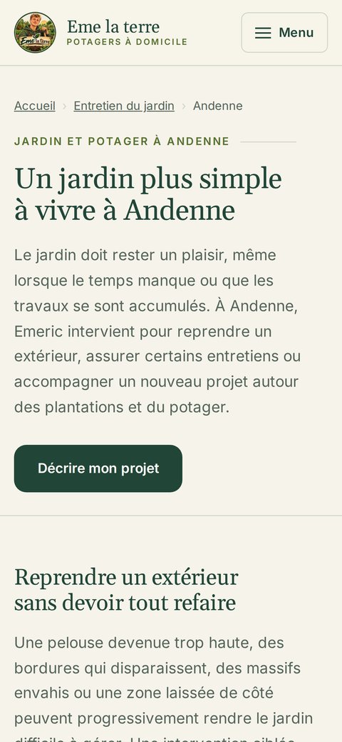 Page locale Andenne du site Emelaterre sur mobile
