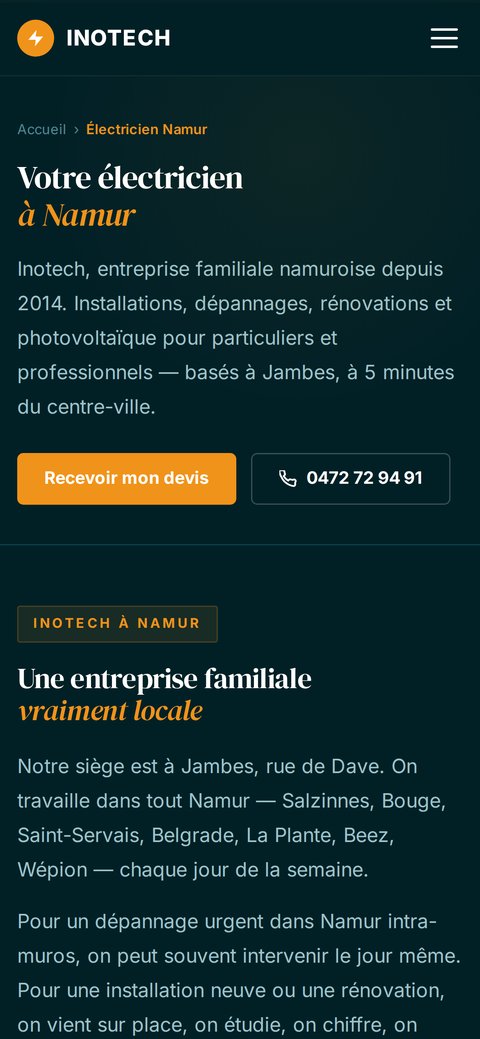 Page locale Namur du site INOTECH sur mobile