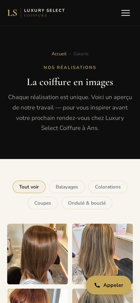 Page Galerie du site Luxury Select Coiffure sur mobile