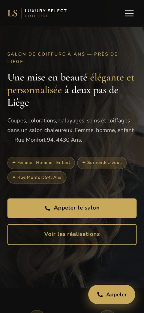 Le site Luxury Select Coiffure sur mobile, avec le bouton « Appeler le salon »