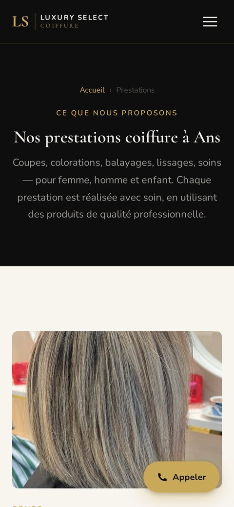 Page Prestations du site Luxury Select Coiffure sur mobile