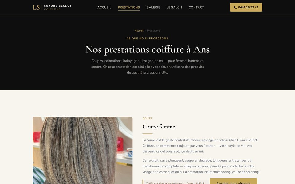 Page Prestations du site Luxury Select Coiffure